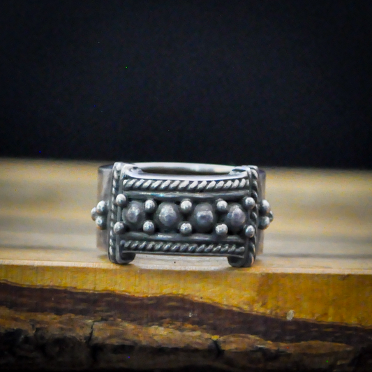 BA 925 Sterling Silver Wide Band Ring, Size 8.5 - Vintage Artisan Sterling Silver Beaded Statement Ring, Sz 8.5