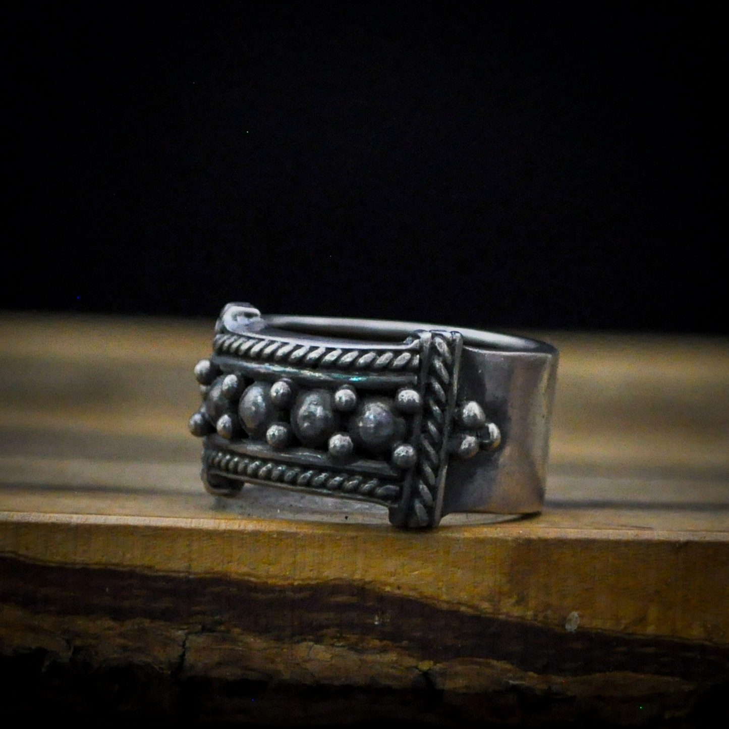 BA 925 Sterling Silver Wide Band Ring, Size 8.5 - Vintage Artisan Sterling Silver Beaded Statement Ring, Sz 8.5
