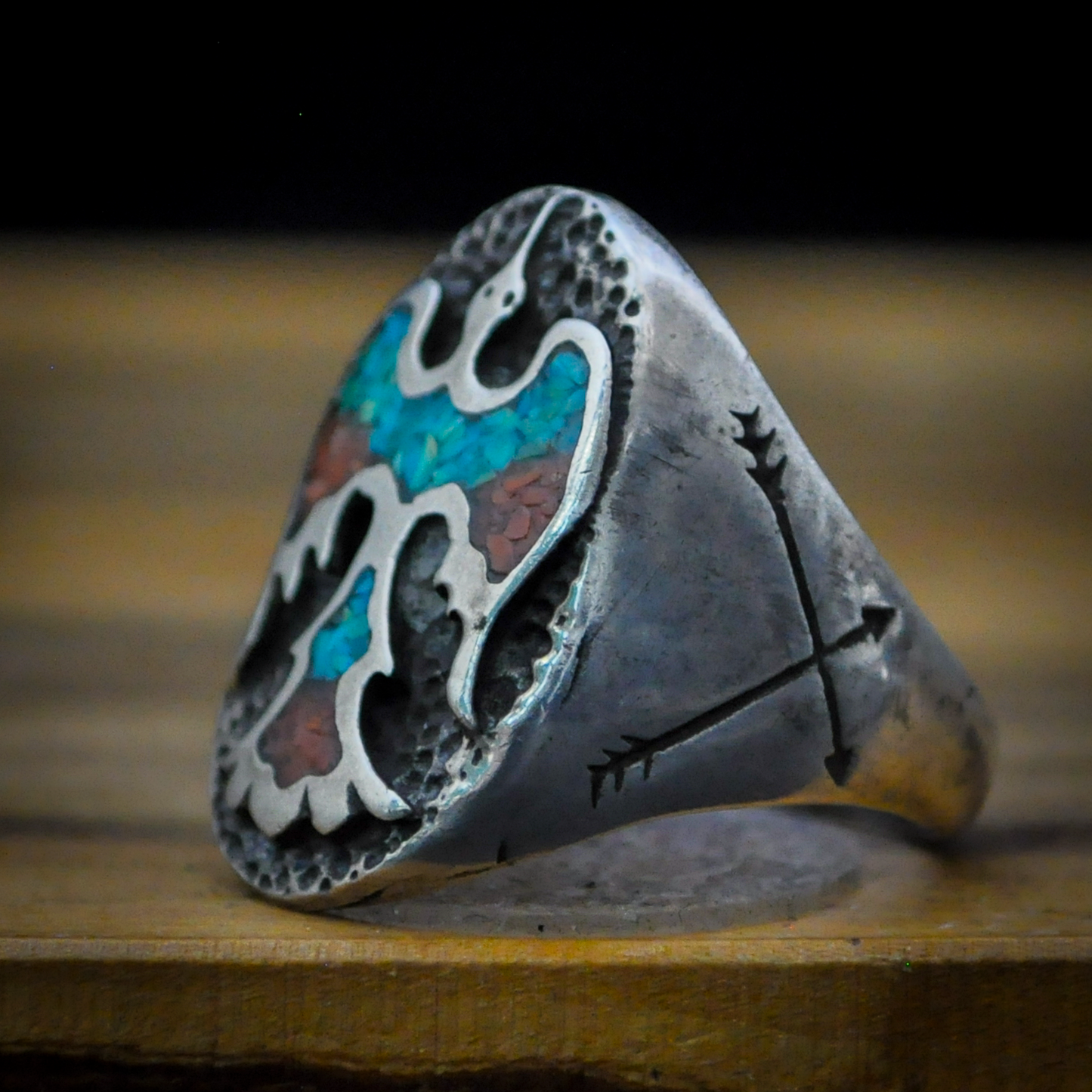 Vintage Sterling Native American Thunderbird Ring - Size 10 - Peyote Bird Chip Inlay - Turquoise & Red Coral Mosaic
