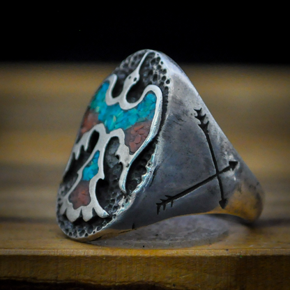 Vintage Sterling Native American Thunderbird Ring - Size 10 - Peyote Bird Chip Inlay - Turquoise & Red Coral Mosaic