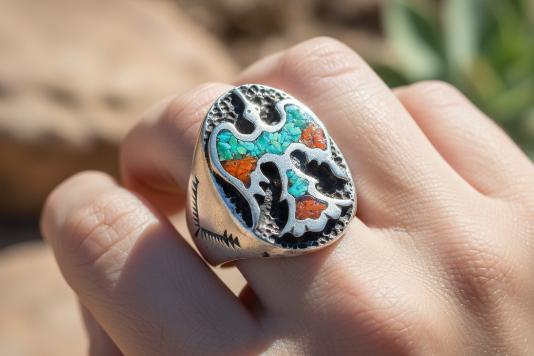 Vintage Sterling Native American Thunderbird Ring - Size 10 - Peyote Bird Chip Inlay - Turquoise & Red Coral Mosaic