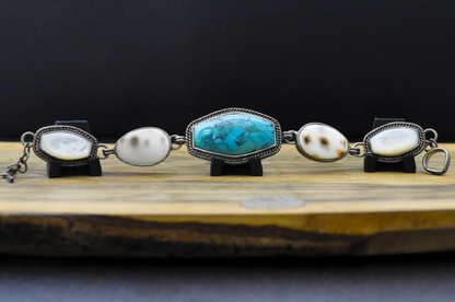 Barse Brand Multistone Sterling Silver Bracelet, Turquoise, Cowry Shell, and Mother-of-Pearl - Sterling Silver Link Bracelet Featuring Natural Turquoise, Tiger Cowry Shell, and Mother-of-Pearl Accents