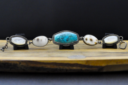 Barse Brand Multistone Sterling Silver Bracelet, Turquoise, Cowry Shell, and Mother-of-Pearl - Sterling Silver Link Bracelet Featuring Natural Turquoise, Tiger Cowry Shell, and Mother-of-Pearl Accents