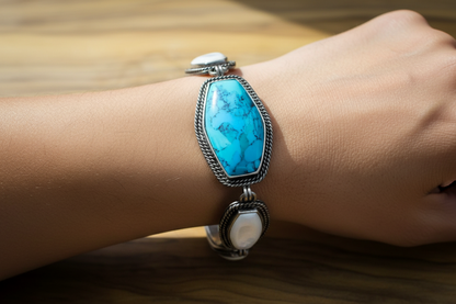 Barse Brand Multistone Sterling Silver Bracelet, Turquoise, Cowry Shell, and Mother-of-Pearl - Sterling Silver Link Bracelet Featuring Natural Turquoise, Tiger Cowry Shell, and Mother-of-Pearl Accents
