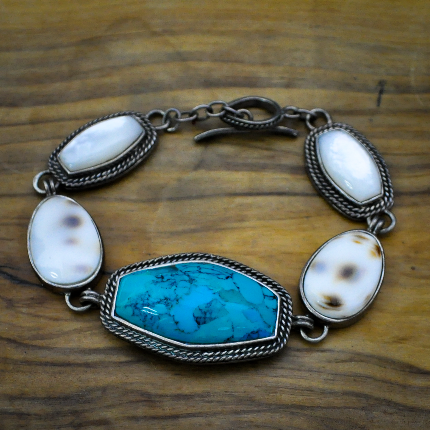 Barse Brand Multistone Sterling Silver Bracelet, Turquoise, Cowry Shell, and Mother-of-Pearl - Sterling Silver Link Bracelet Featuring Natural Turquoise, Tiger Cowry Shell, and Mother-of-Pearl Accents