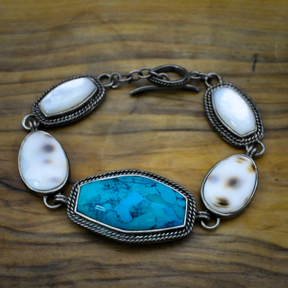Barse Brand Multistone Sterling Silver Bracelet, Turquoise, Cowry Shell, and Mother-of-Pearl - Sterling Silver Link Bracelet Featuring Natural Turquoise, Tiger Cowry Shell, and Mother-of-Pearl Accents