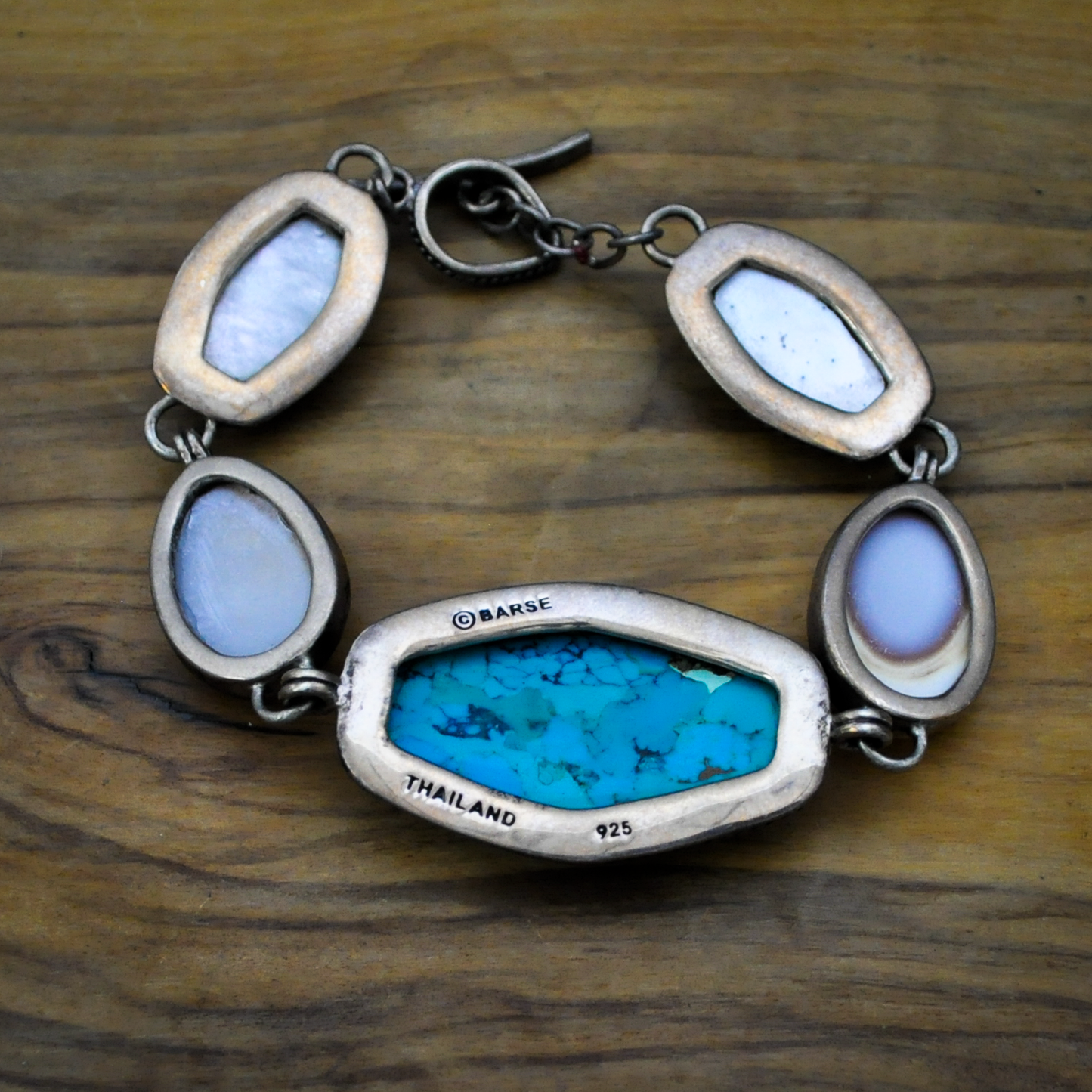 Barse Brand Multistone Sterling Silver Bracelet, Turquoise, Cowry Shell, and Mother-of-Pearl - Sterling Silver Link Bracelet Featuring Natural Turquoise, Tiger Cowry Shell, and Mother-of-Pearl Accents
