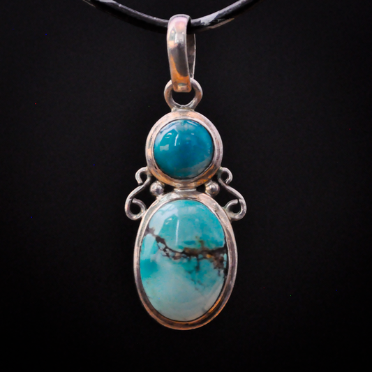 Natural Blue Matrix Turquoise Double Stone Sterling Silver Pendant - Turquoise Pendant, Sterling Silver Tribal Jewelry, Two-Stone Oval Cabochon, Matrix Turquoise Charm