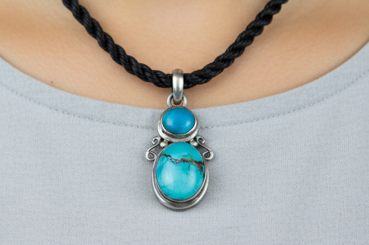 Natural Blue Matrix Turquoise Double Stone Sterling Silver Pendant - Turquoise Pendant, Sterling Silver Tribal Jewelry, Two-Stone Oval Cabochon, Matrix Turquoise Charm