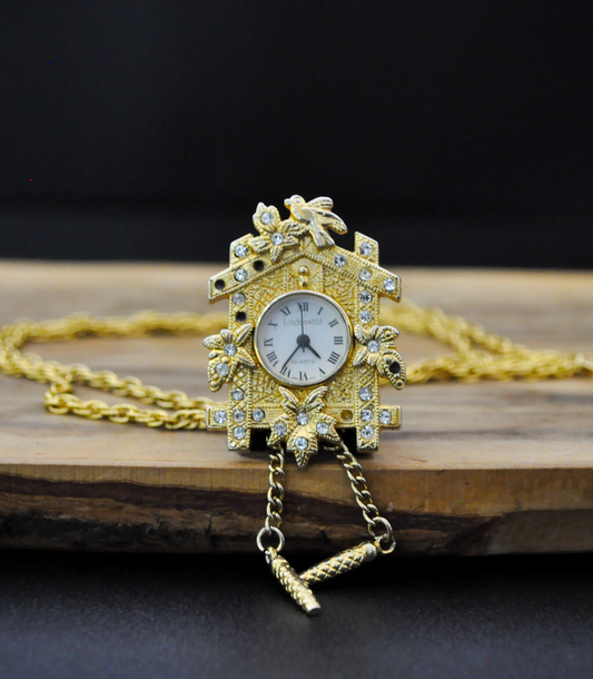Vintage Lindenwold Cuckoo Clock Pendant Watch Necklace For Parts/Repair - Lindenwold Vintage Rhinestone Cuckoo Clock Necklace Non-Working
