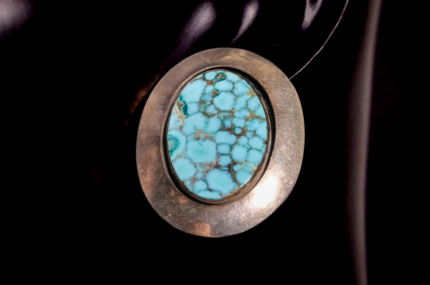 Large Oval Kingman Turquoise Statement Earrings with Matrix Pattern - Signed Blue Spiderweb Turquoise Polished Oval Gemstones in Silver Bezels