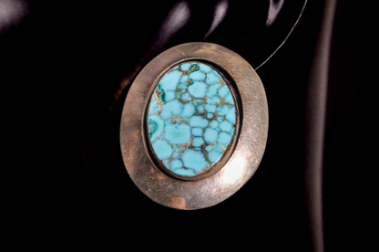 Large Oval Kingman Turquoise Statement Earrings with Matrix Pattern - Signed Blue Spiderweb Turquoise Polished Oval Gemstones in Silver Bezels