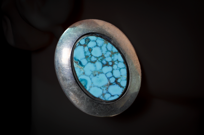 Large Oval Kingman Turquoise Statement Earrings with Matrix Pattern - Signed Blue Spiderweb Turquoise Polished Oval Gemstones in Silver Bezels