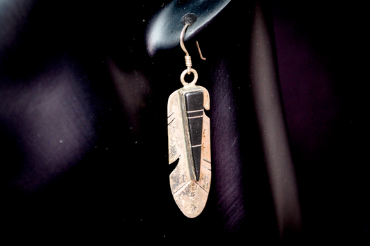 Navajo Yolanda Zah Handcrafted Sterling Silver & Black Onyx Feather Inlay Earrings - Vintage Navajo "YZ" Signed Sterling Silver Black Onyx Feather Dangle Earrings