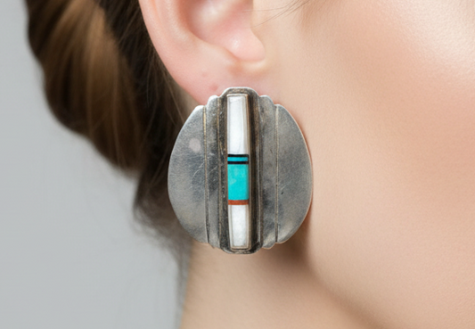 Signed "JEME D" Vintage Zuni Sterling Silver Multi-Stone Channel Inlay Earrings - Authentic Zuni Jeme Sterling D Inlaid Turquoise Earrings