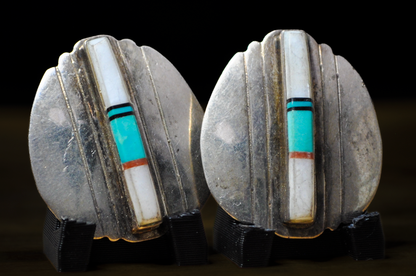Signed "JEME D" Vintage Zuni Sterling Silver Multi-Stone Channel Inlay Earrings - Authentic Zuni Jeme Sterling D Inlaid Turquoise Earrings