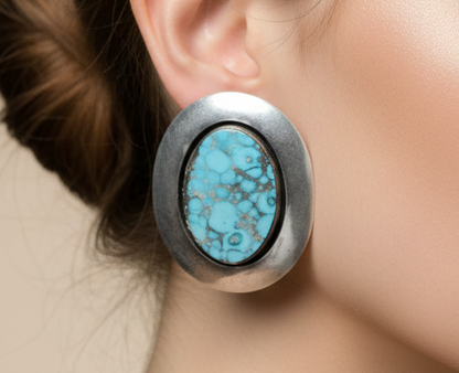 Large Oval Kingman Turquoise Statement Earrings with Matrix Pattern - Signed Blue Spiderweb Turquoise Polished Oval Gemstones in Silver Bezels