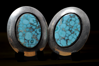 Large Oval Kingman Turquoise Statement Earrings with Matrix Pattern - Signed Blue Spiderweb Turquoise Polished Oval Gemstones in Silver Bezels