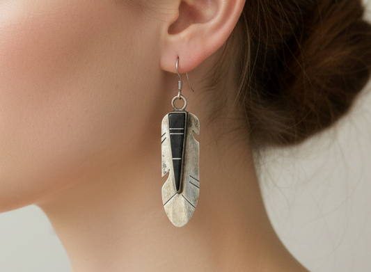 Navajo Yolanda Zah Handcrafted Sterling Silver & Black Onyx Feather Inlay Earrings - Vintage Navajo "YZ" Signed Sterling Silver Black Onyx Feather Dangle Earrings