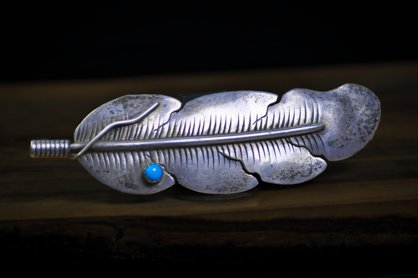 Handcrafted Southwestern Sterling Silver Eagle Feather Hair Clip Turquoise Stone Accent - Antique Eagle Feather Sterling Hairclip Turquoise Stone
