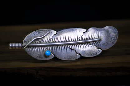 Handcrafted Southwestern Sterling Silver Eagle Feather Hair Clip Turquoise Stone Accent - Antique Eagle Feather Sterling Hairclip Turquoise Stone