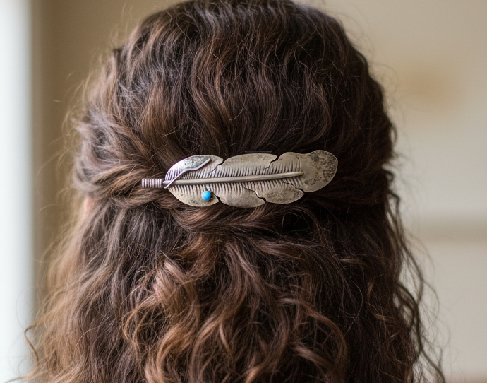 Handcrafted Southwestern Sterling Silver Eagle Feather Hair Clip Turquoise Stone Accent - Antique Eagle Feather Sterling Hairclip Turquoise Stone