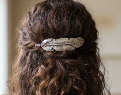 Handcrafted Southwestern Sterling Silver Eagle Feather Hair Clip Turquoise Stone Accent - Antique Eagle Feather Sterling Hairclip Turquoise Stone