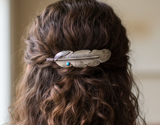 Handcrafted Southwestern Sterling Silver Eagle Feather Hair Clip Turquoise Stone Accent - Antique Eagle Feather Sterling Hairclip Turquoise Stone