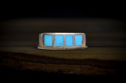 Vintage Sterling Silver Four-Stone Turquoise Inlay Band - Handcrafted Rectangular Turquoise Channel Inlay Silver Ring Size 5