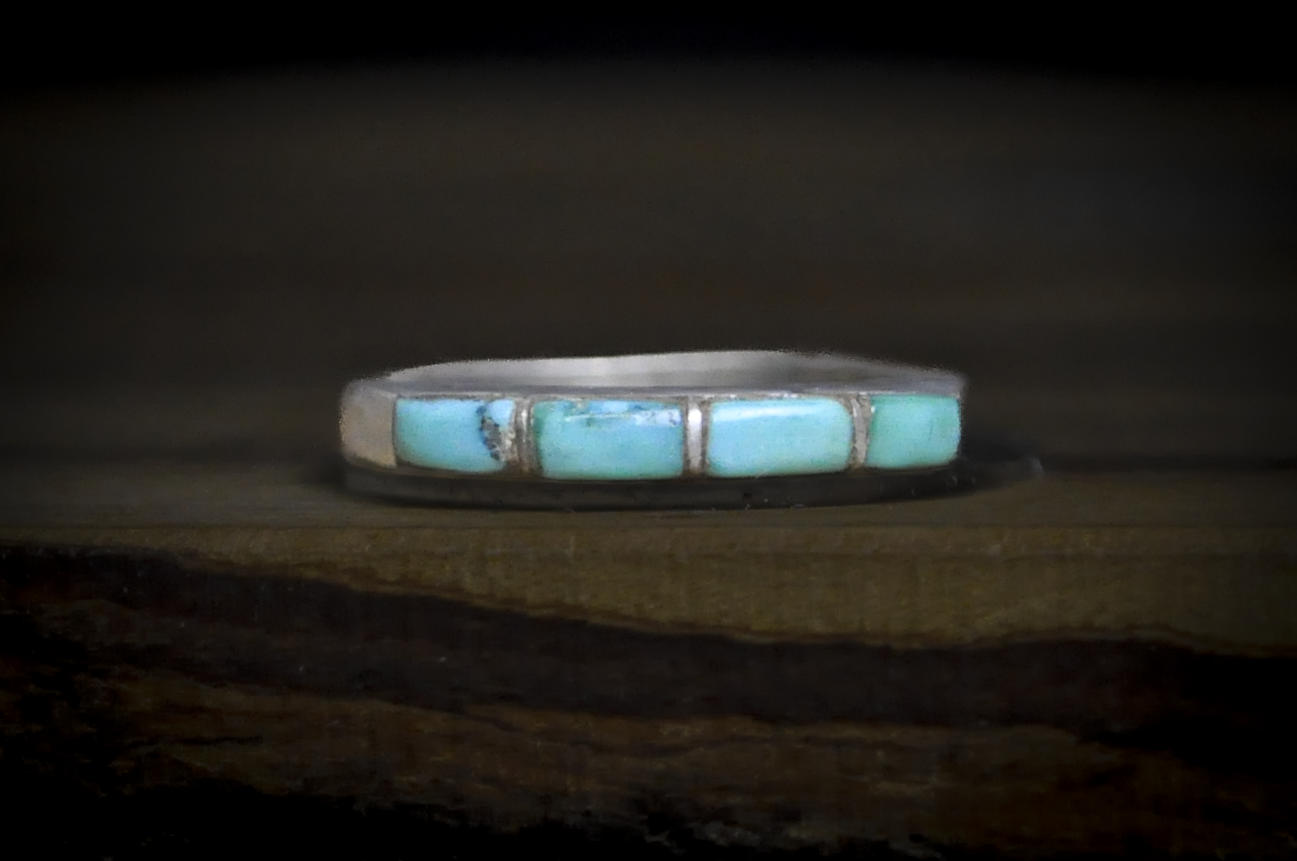 Native American Handmade Turquoise Mosaic Inlay Statement Ring Size 5.5 - Southwestern Sterling Silver Turquoise Inlay Band, Size 5 1/2