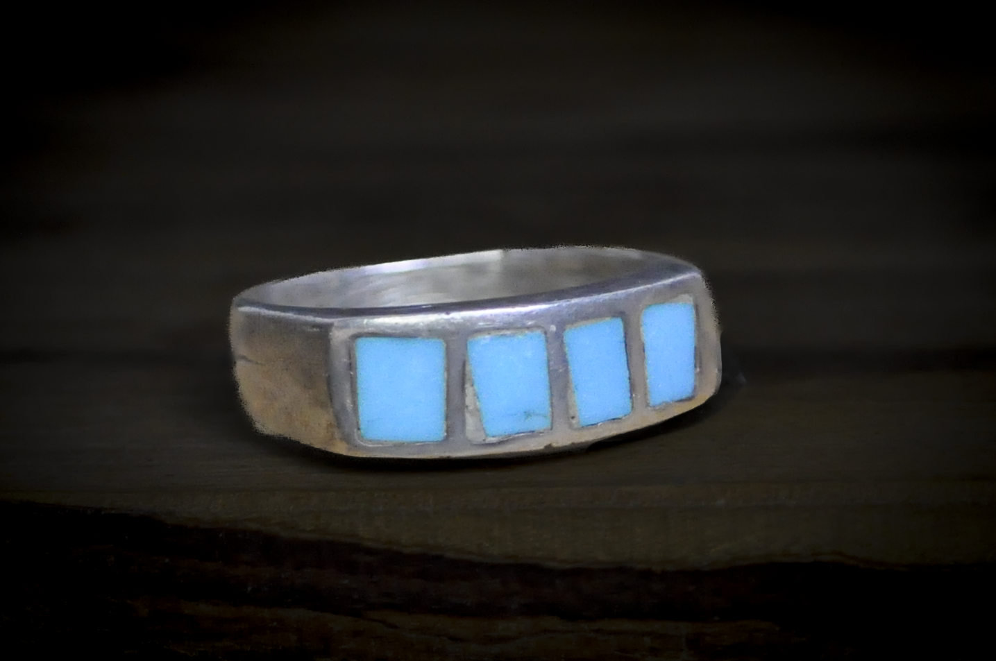 Vintage Sterling Silver Four-Stone Turquoise Inlay Band - Handcrafted Rectangular Turquoise Channel Inlay Silver Ring Size 5