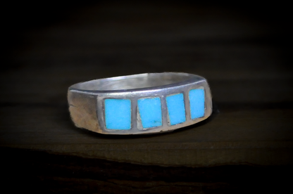 Vintage Sterling Silver Four-Stone Turquoise Inlay Band - Handcrafted Rectangular Turquoise Channel Inlay Silver Ring Size 5