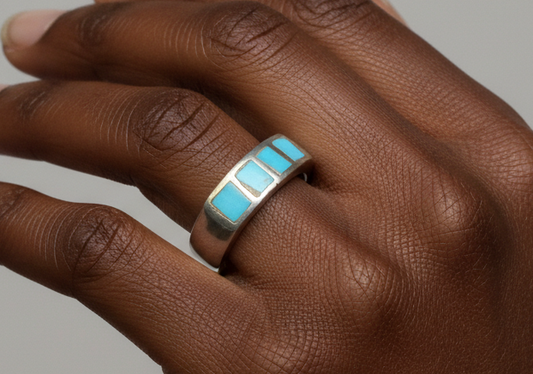 Vintage Sterling Silver Four-Stone Turquoise Inlay Band - Handcrafted Rectangular Turquoise Channel Inlay Silver Ring Size 5