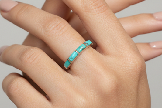 Native American Handmade Turquoise Mosaic Inlay Statement Ring Size 5.5 - Southwestern Sterling Silver Turquoise Inlay Band, Size 5 1/2