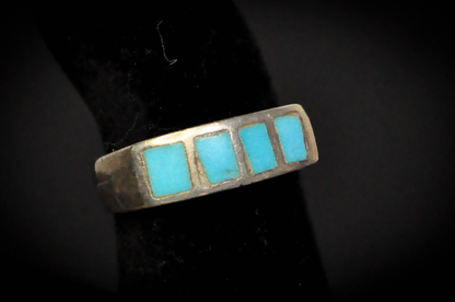 Vintage Sterling Silver Four-Stone Turquoise Inlay Band - Handcrafted Rectangular Turquoise Channel Inlay Silver Ring Size 5