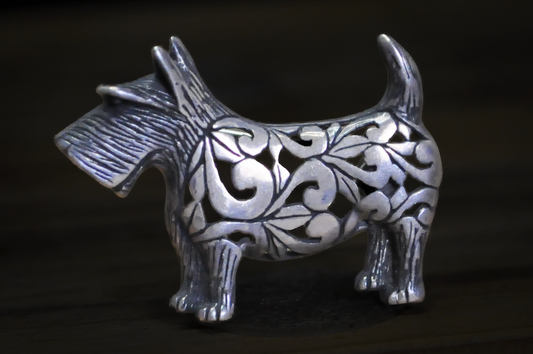Vintage Jezlaine Sterling Silver Scottie Dog Brooch Filigree Tribal Scroll Design - Jezlaine Scottish Terrier Pin 925 Sterling Silver Openwork Figural Jewelry