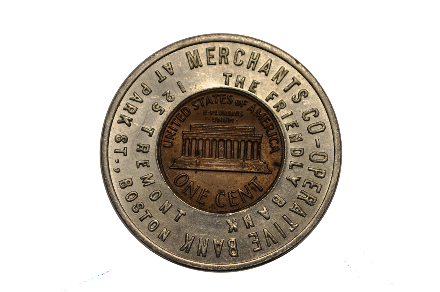 1972 Merchants Co-operative Bank of Boston Encased Penny Promotional Token - Boston Bank Promo Token 1972-D Good Luck Penny