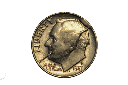 1981-P Roosevelt Dime Dramatic Die Crack Error Spiked Head - Error Dime Die Crack Spiked Head Variant