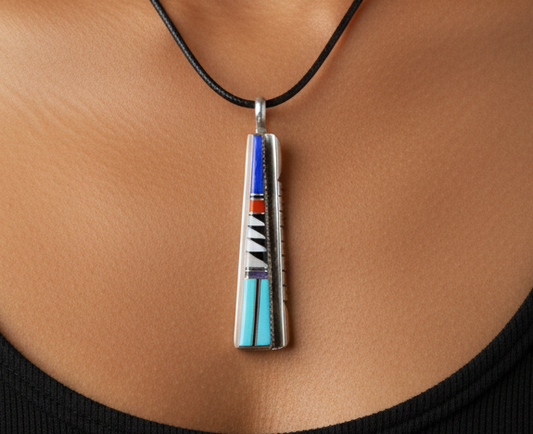 Native American Zuni Pendant Multistone Inlay Stamped "EEP Sterling" - Antique Turquoise, Red Coral, and Mother of Pearl Native Inlay Necklace Charm