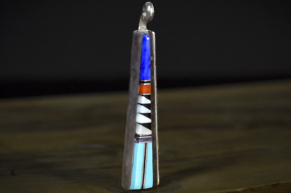 Native American Zuni Pendant Multistone Inlay Stamped "EEP Sterling" - Antique Turquoise, Red Coral, and Mother of Pearl Native Inlay Necklace Charm