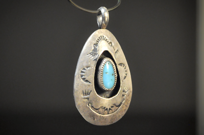Vintage Navajo Sterling Silver Turquoise Teardrop Pendant - Native American Sterling Silver Turquoise Shadowbox Charm