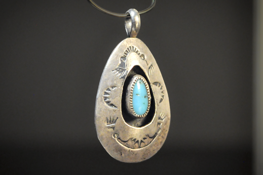 Vintage Navajo Sterling Silver Turquoise Teardrop Pendant - Native American Sterling Silver Turquoise Shadowbox Charm