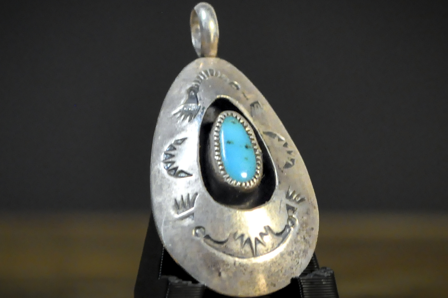 Vintage Navajo Sterling Silver Turquoise Teardrop Pendant - Native American Sterling Silver Turquoise Shadowbox Charm