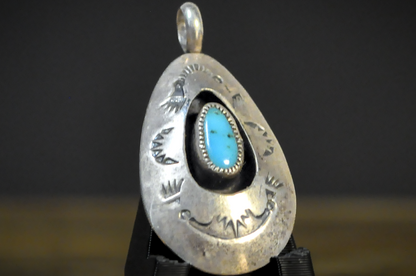 Vintage Navajo Sterling Silver Turquoise Teardrop Pendant - Native American Sterling Silver Turquoise Shadowbox Charm