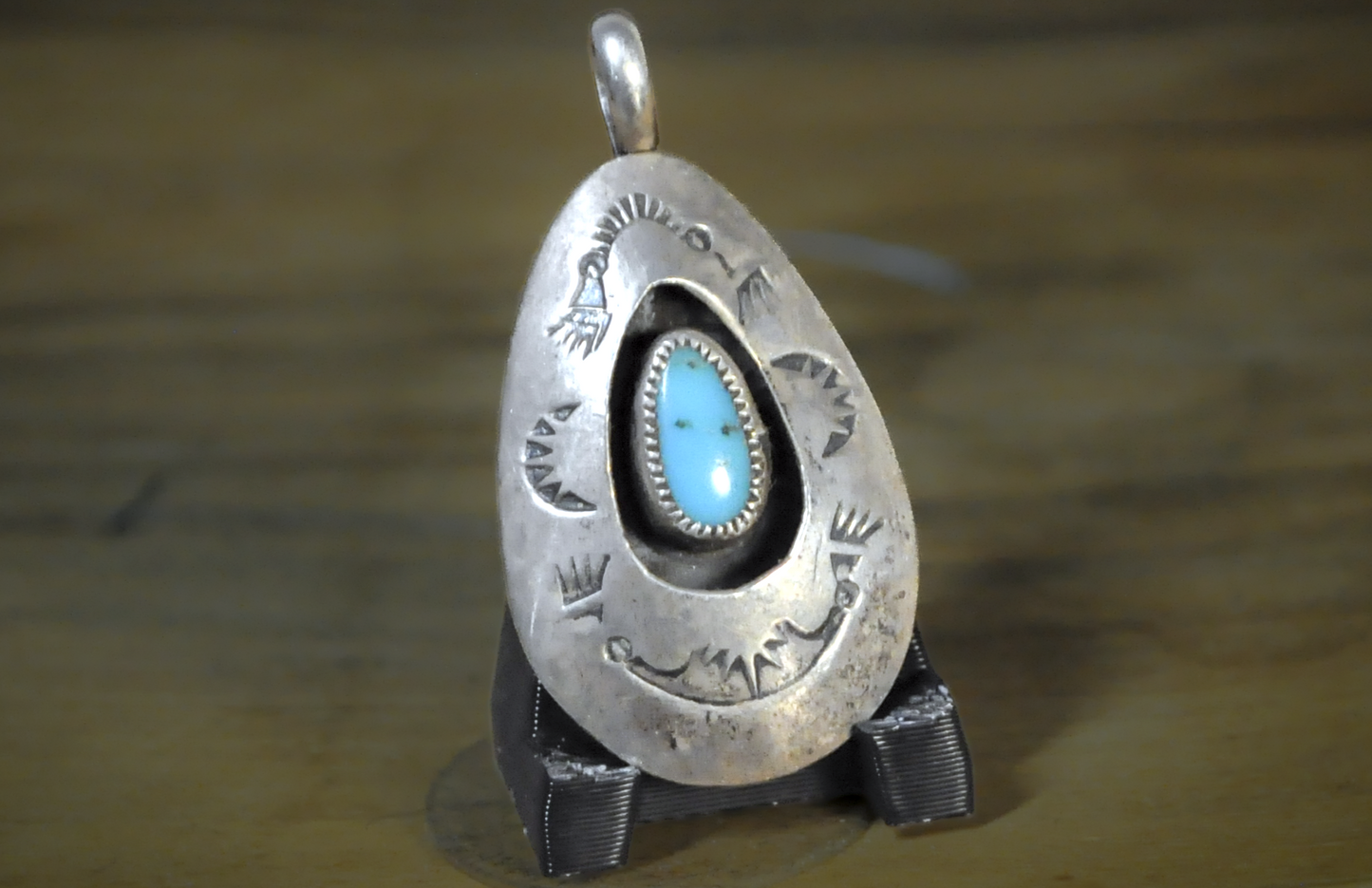 Vintage Navajo Sterling Silver Turquoise Teardrop Pendant - Native American Sterling Silver Turquoise Shadowbox Charm