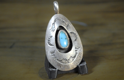 Vintage Navajo Sterling Silver Turquoise Teardrop Pendant - Native American Sterling Silver Turquoise Shadowbox Charm