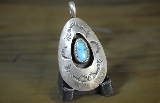Vintage Navajo Sterling Silver Turquoise Teardrop Pendant - Native American Sterling Silver Turquoise Shadowbox Charm