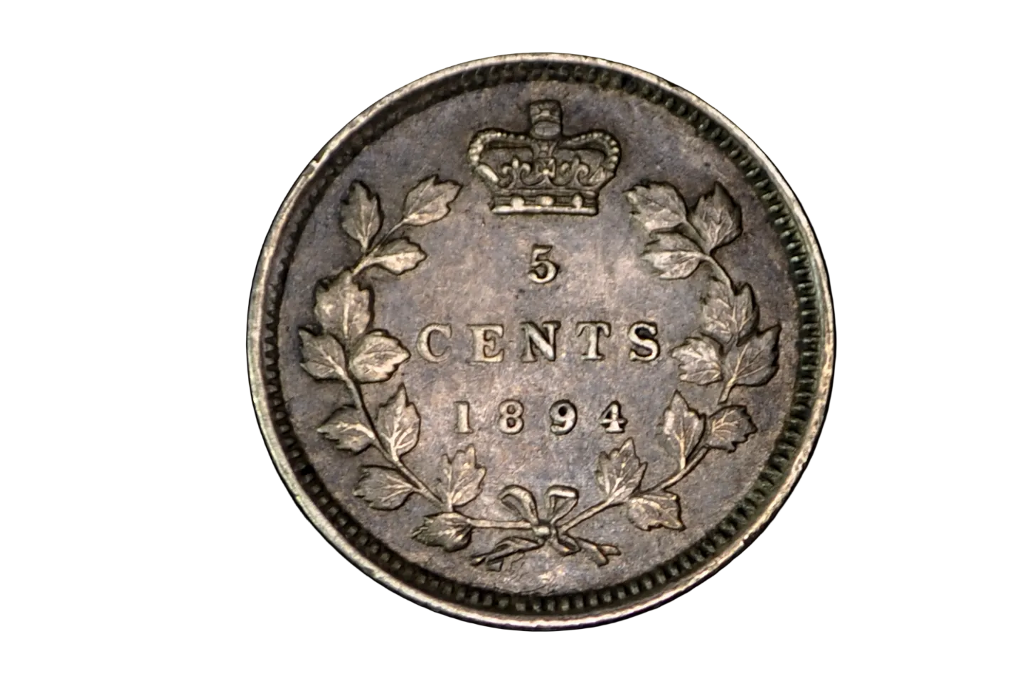 Canadian Five cents coin from 1894 with floral design and crown sterling silver