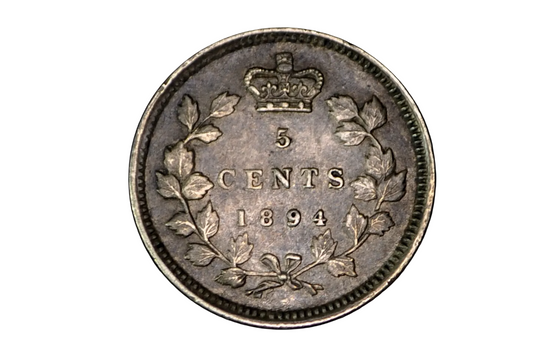 Canadian Five cents coin from 1894 with floral design and crown sterling silver