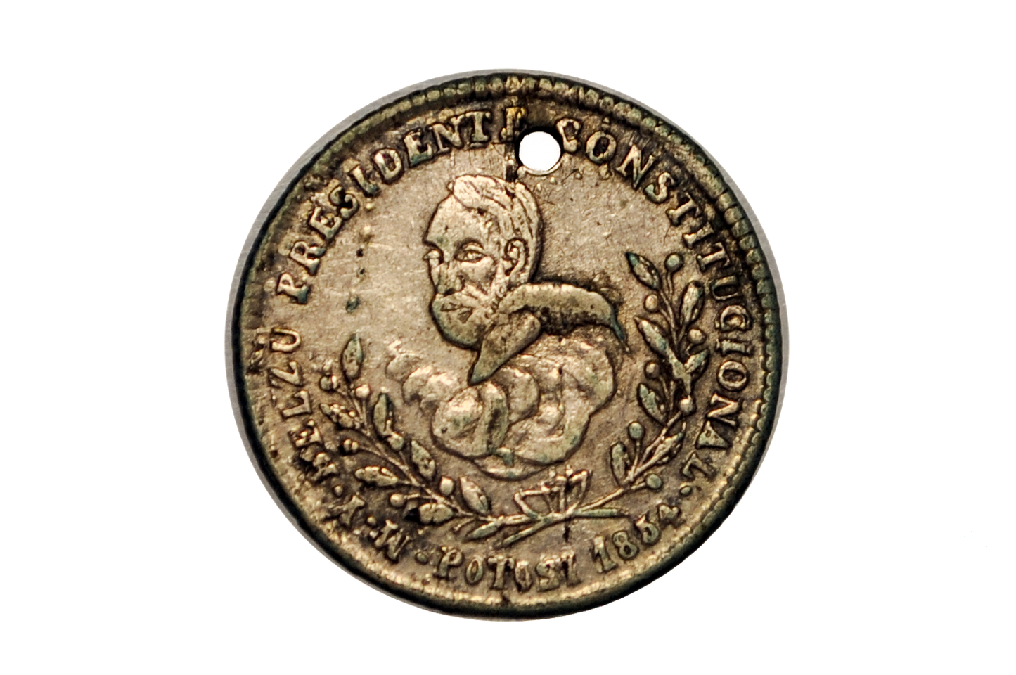 1854 Bolivia Silver Proclamation Constitution 1 Sol - Independent Bolivia Coin - 1854 Coin - Holed